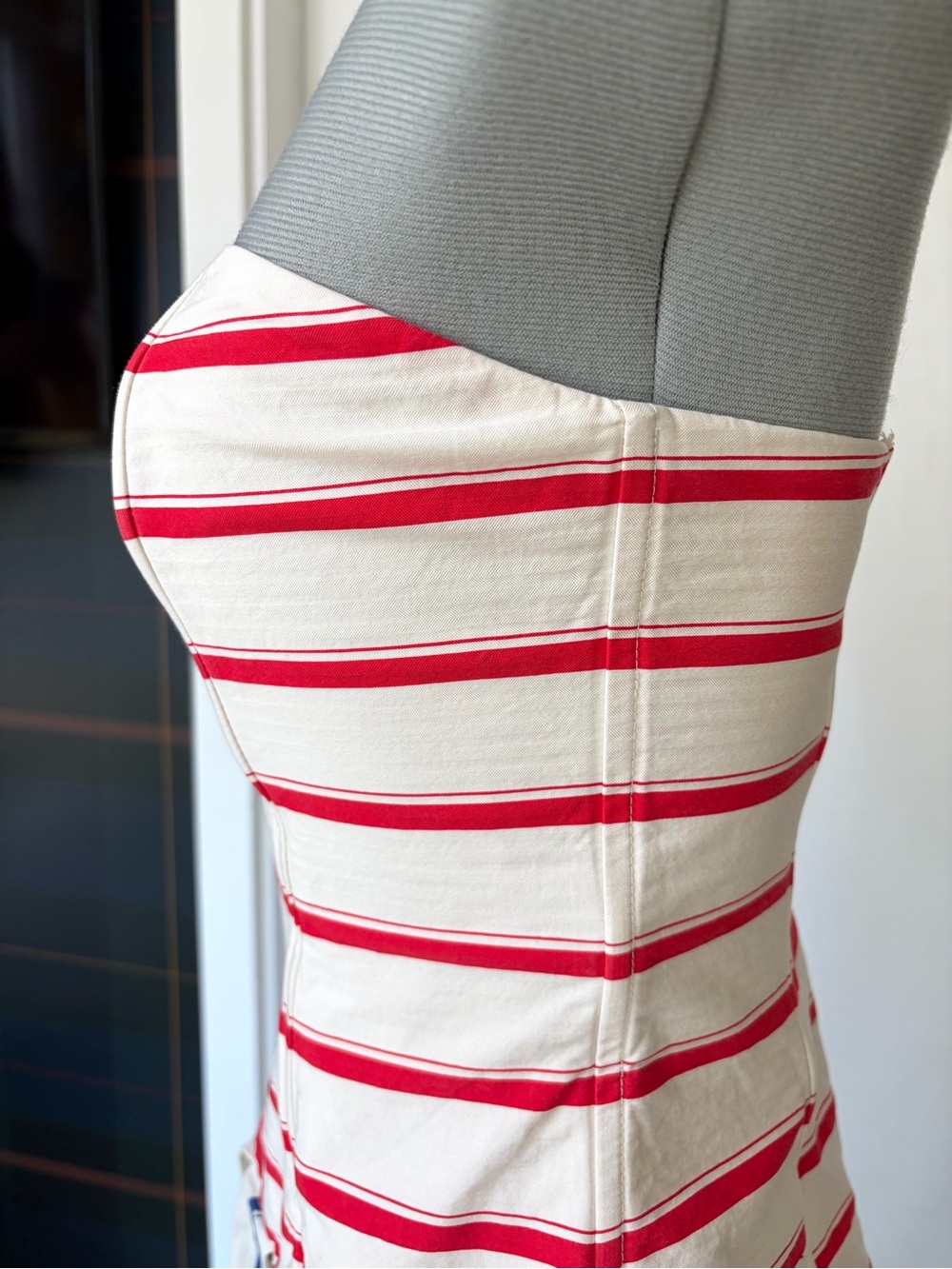 Rosie Assoulin Drop Waist Strapless Cotton Gown, red/blue stripes, slit, 0, EUC - Picture 10 of 16